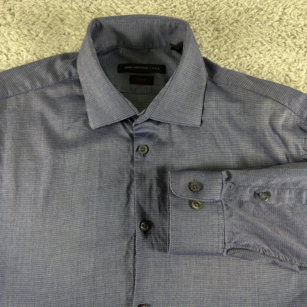 John Varvatos USA Mens Slim Fit Blue Micro Pattern Stretch Shirt 15.5